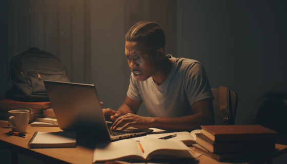 A student working by laptop light during a blackout