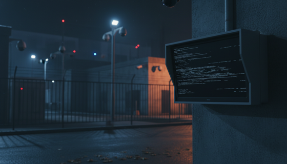 A dark compound gate at night during a blackout